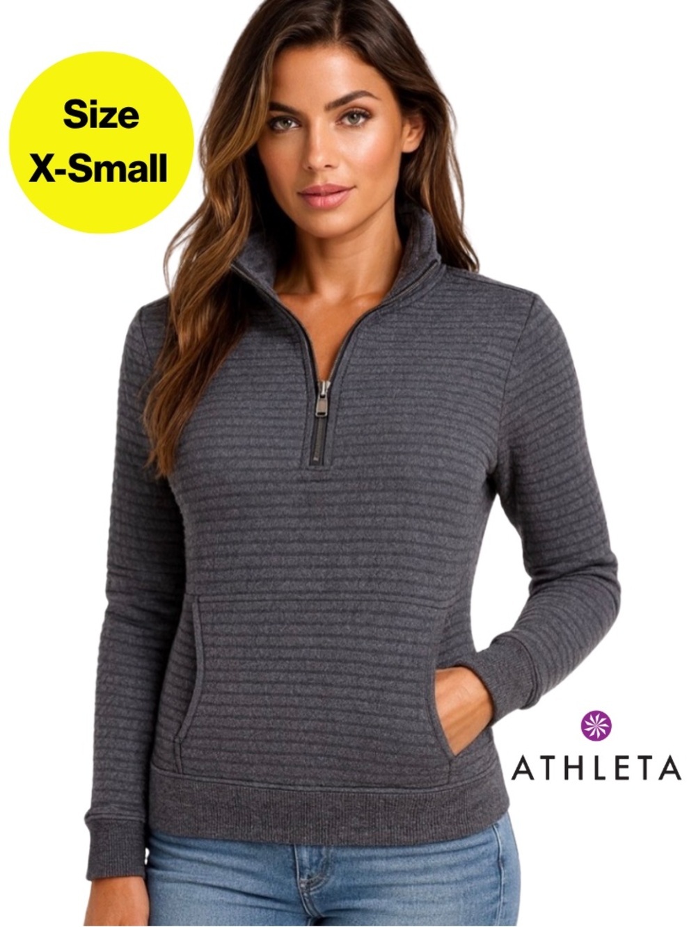 ATHLETA 🩶 Charcoal Quarter-Zip Ottoman Ribbed Pullover 🫧 (Womens Size X-Small)